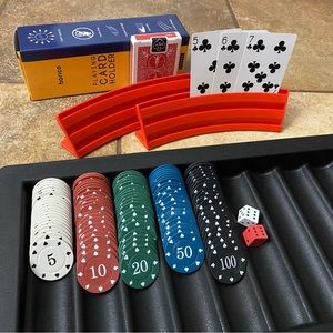 Poker Chip Set + Tray + Card Holder (2pc) + UNOPENED Playing Cards + 2 Foam Dice